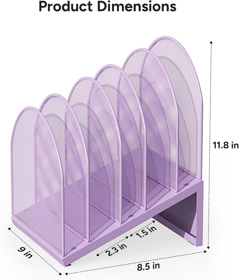 OUTIOE 5-Section Desk File Organizer, Metal Mesh Folder Organizer for Documents, Mail & Office Papers (Purple) - Image 4